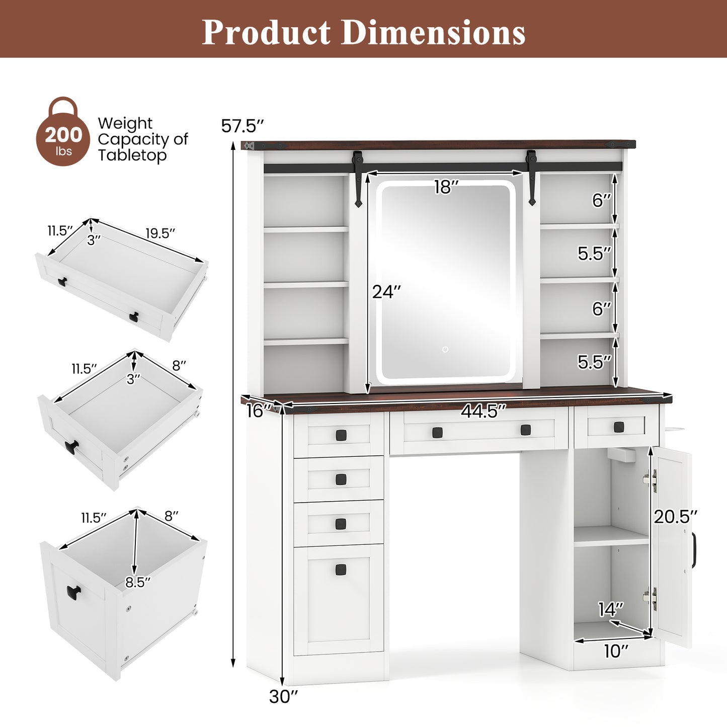 Vanity Desk with Sliding Mirror and 3 Lighting Modes