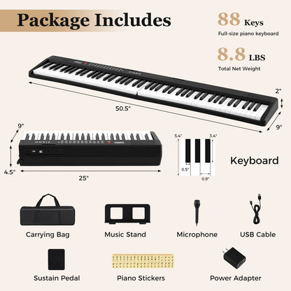 88 Key Foldable Piano Keyboard Portable Semi Weighted Electric Piano-Black