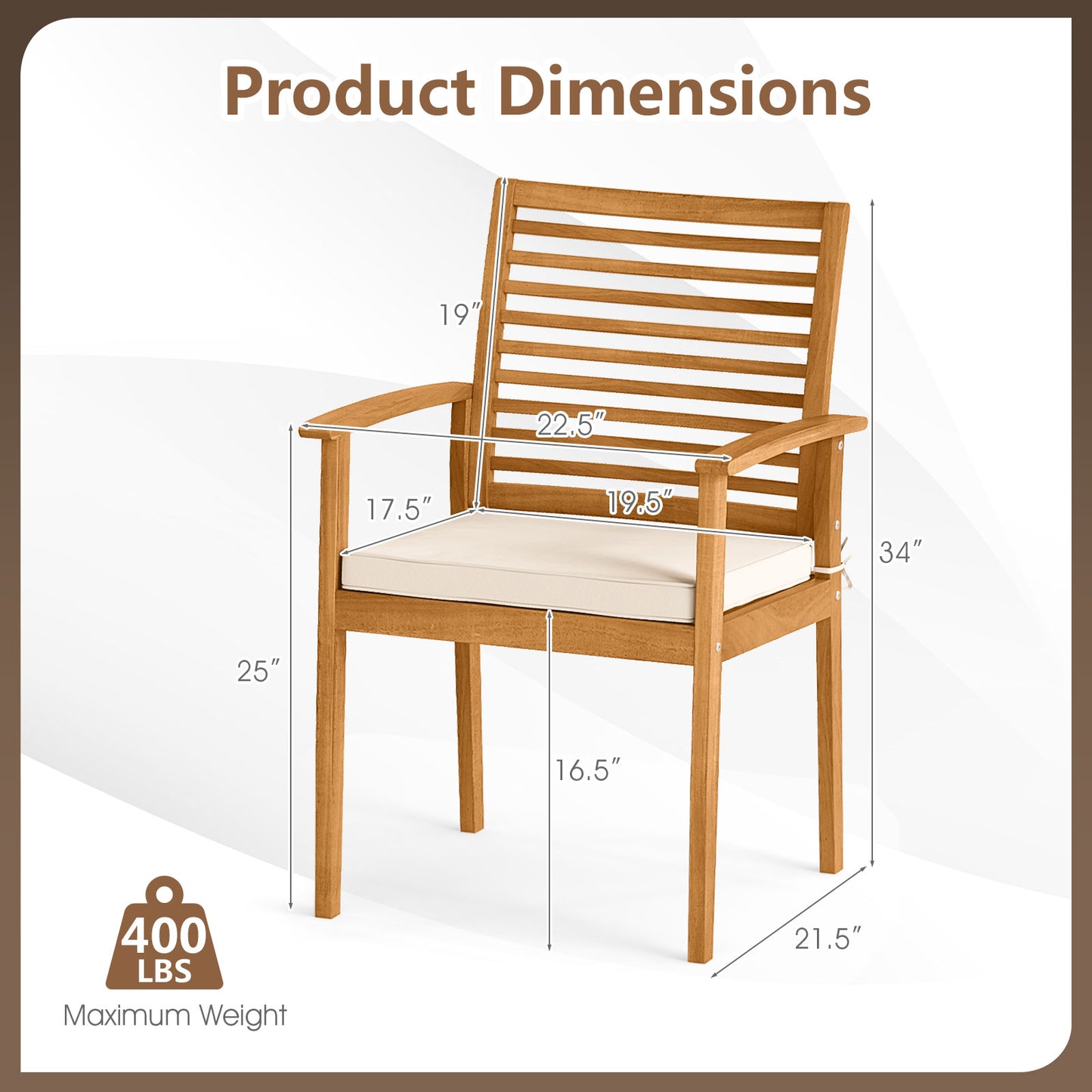 Acacia Wood Patio Dining Chairs Set of 2 with Cushions