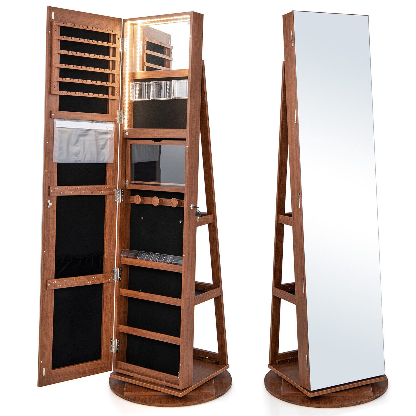 Rotating Mirrored Jewelry Armoire with LED Lighting