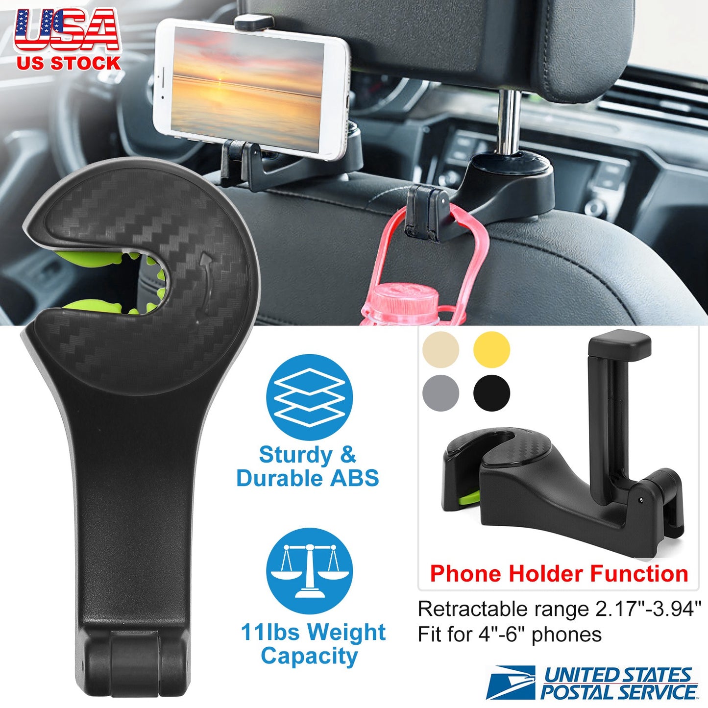 Car Headrest Hook with Phone Holder and Locking Design