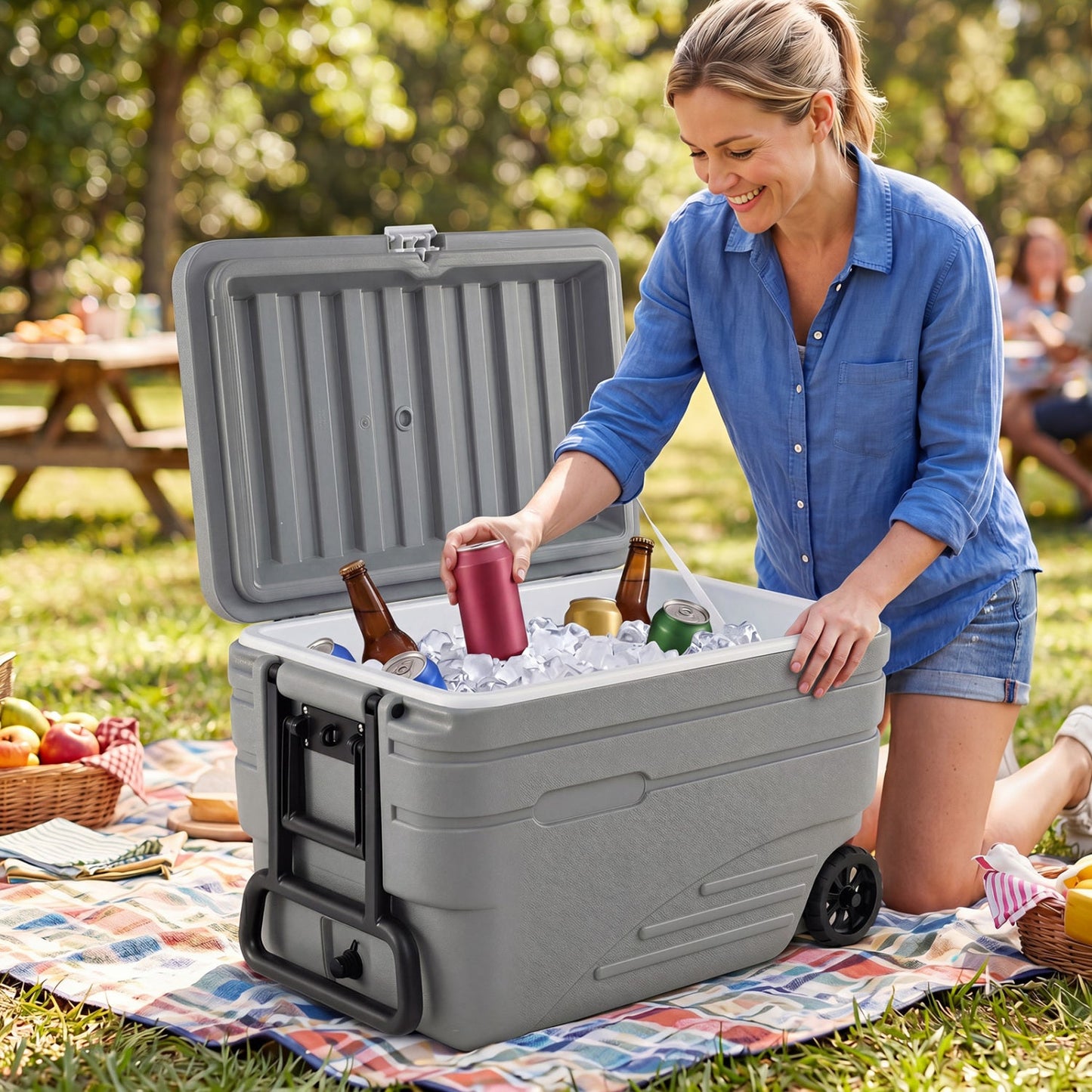 103 Quart Wheeled Cooler with Pull Handle and Drain Plug
