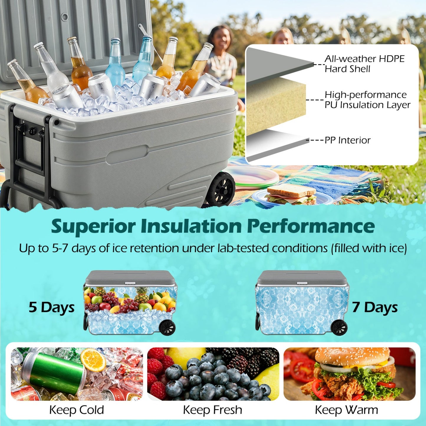 103 Quart Wheeled Cooler with Pull Handle and Drain Plug