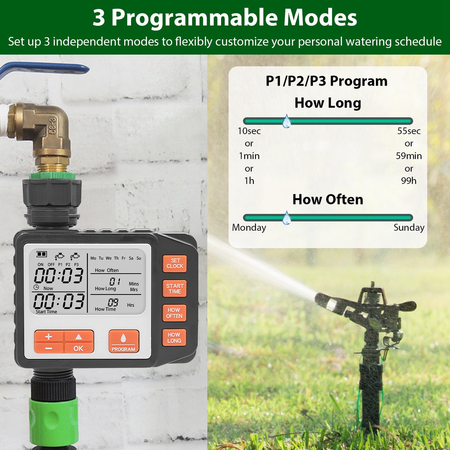 Sprinkler Timer with 3 Watering Programs and LED Display