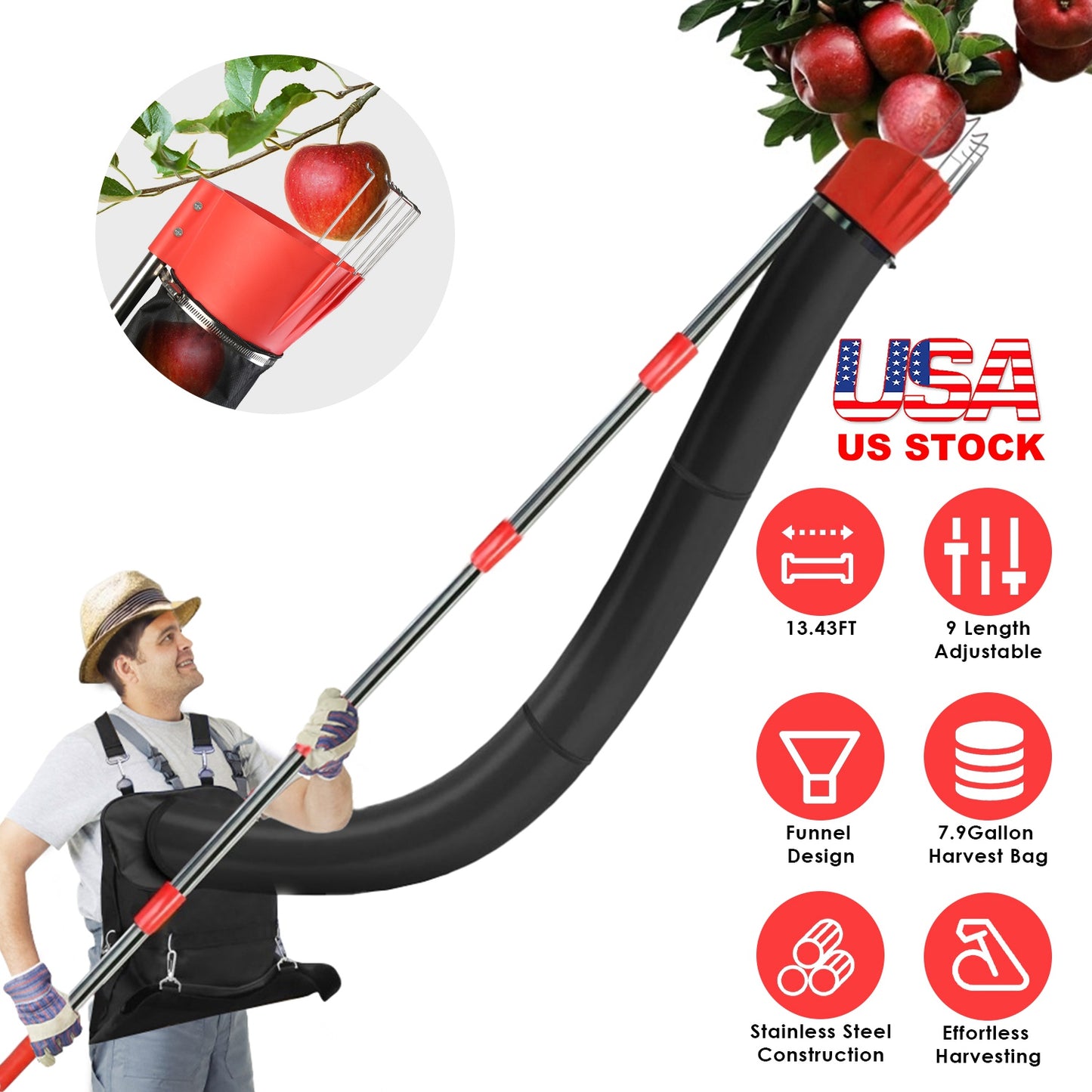 Fruit Picker Pole with Harvest Bag - 13.43ft Telescopic Reach