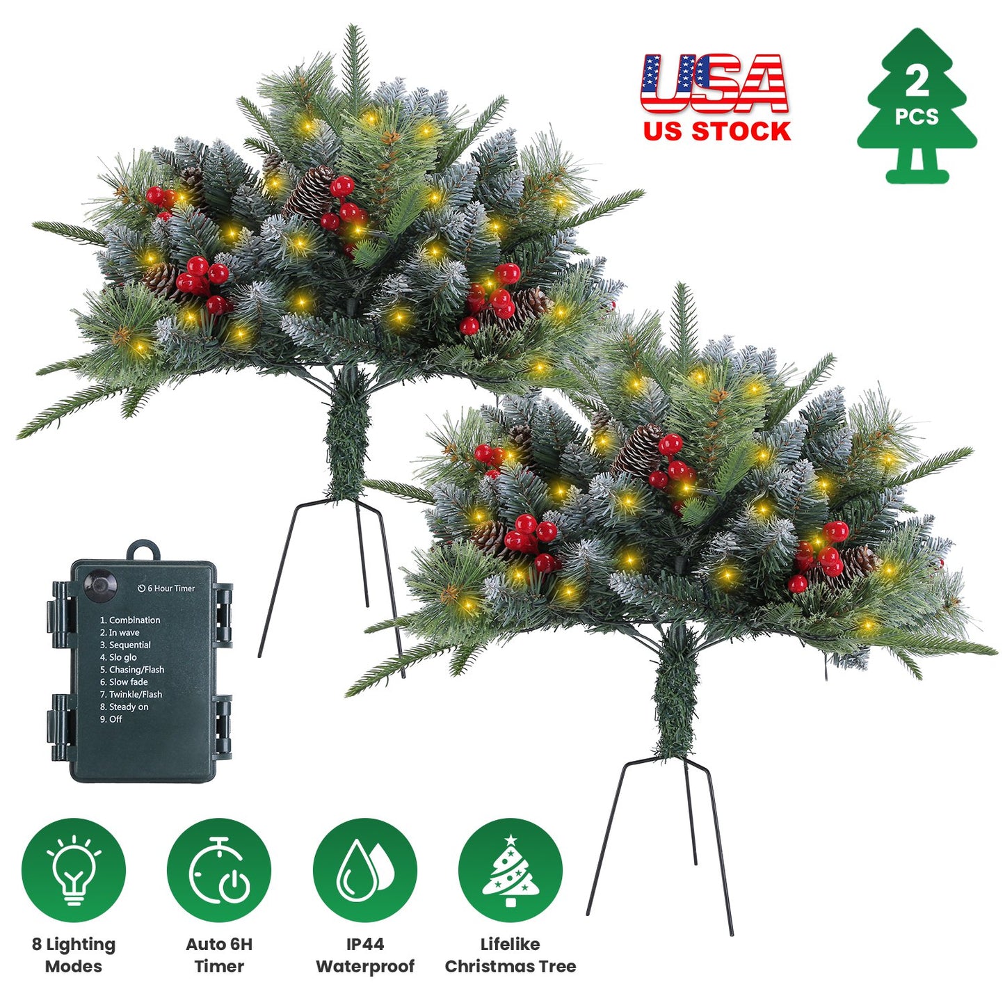 LED Christmas Tree Urn Filler with Lights and Timer - 2 Pack