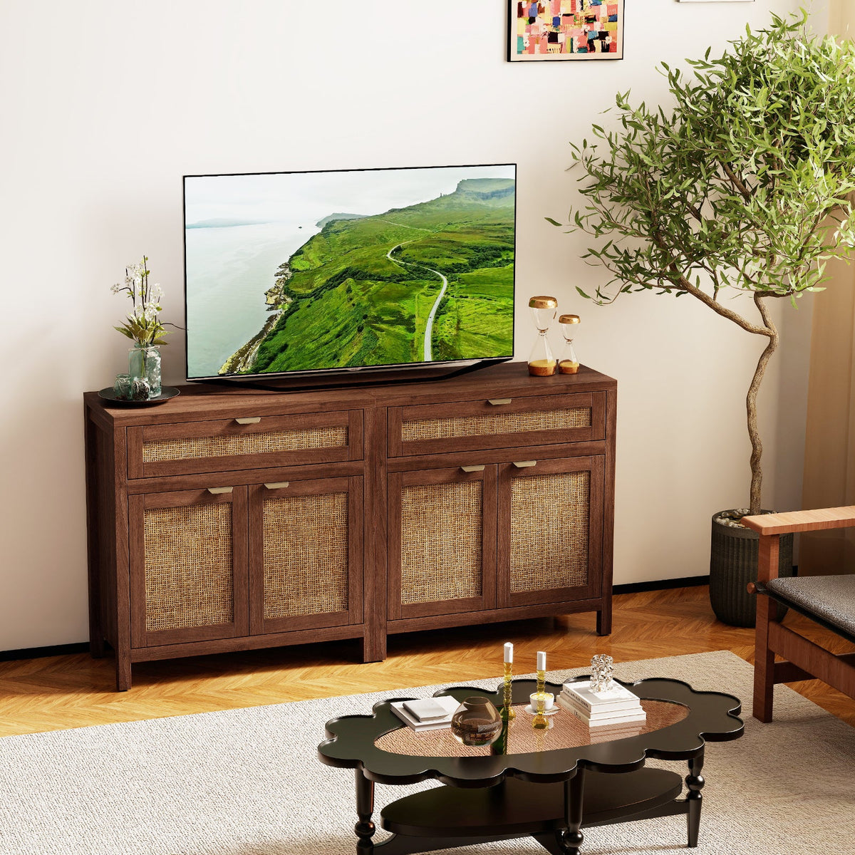 Sideboard Storage Cabinet with Rattan Doors and Drawer-Brown