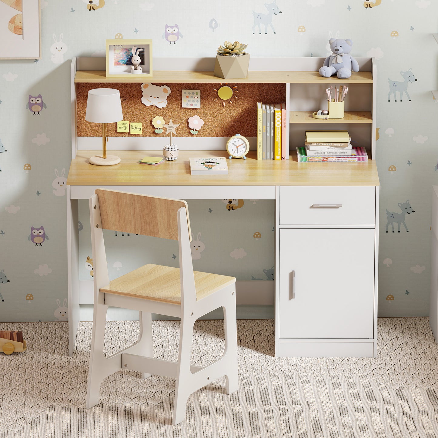 Kids Study Desk and Chair Set with Storage and Bulletin Board