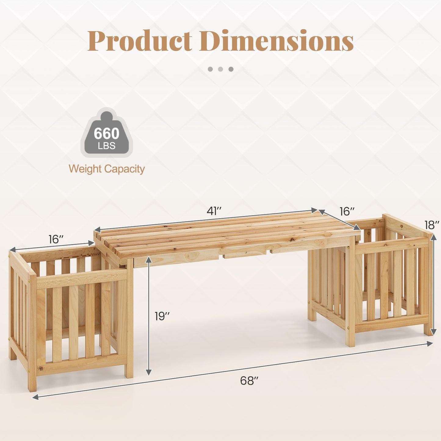 Wooden Bench with Planter Boxes - 2 Person Outdoor Seating