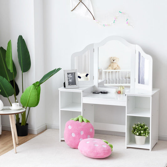 Kids Tri-Folding Mirror Vanity Table Set with Storage