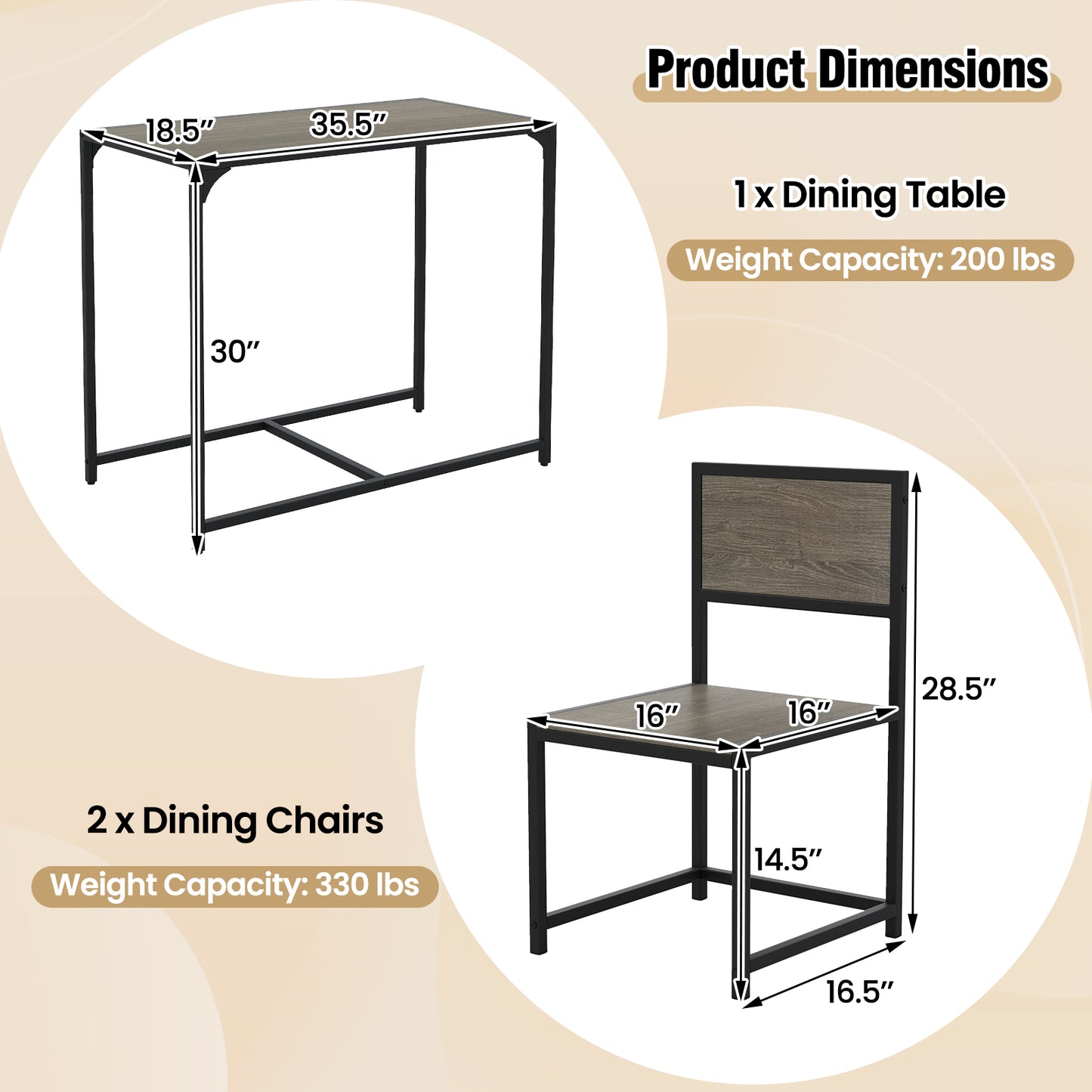 3-Piece Compact Dining Set with Metal Frame for Small Spaces