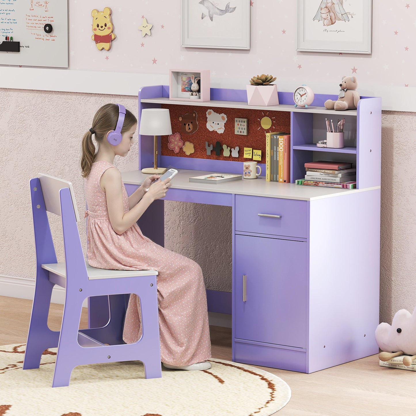 Kids Study Desk and Chair Set with Storage and Bulletin Board