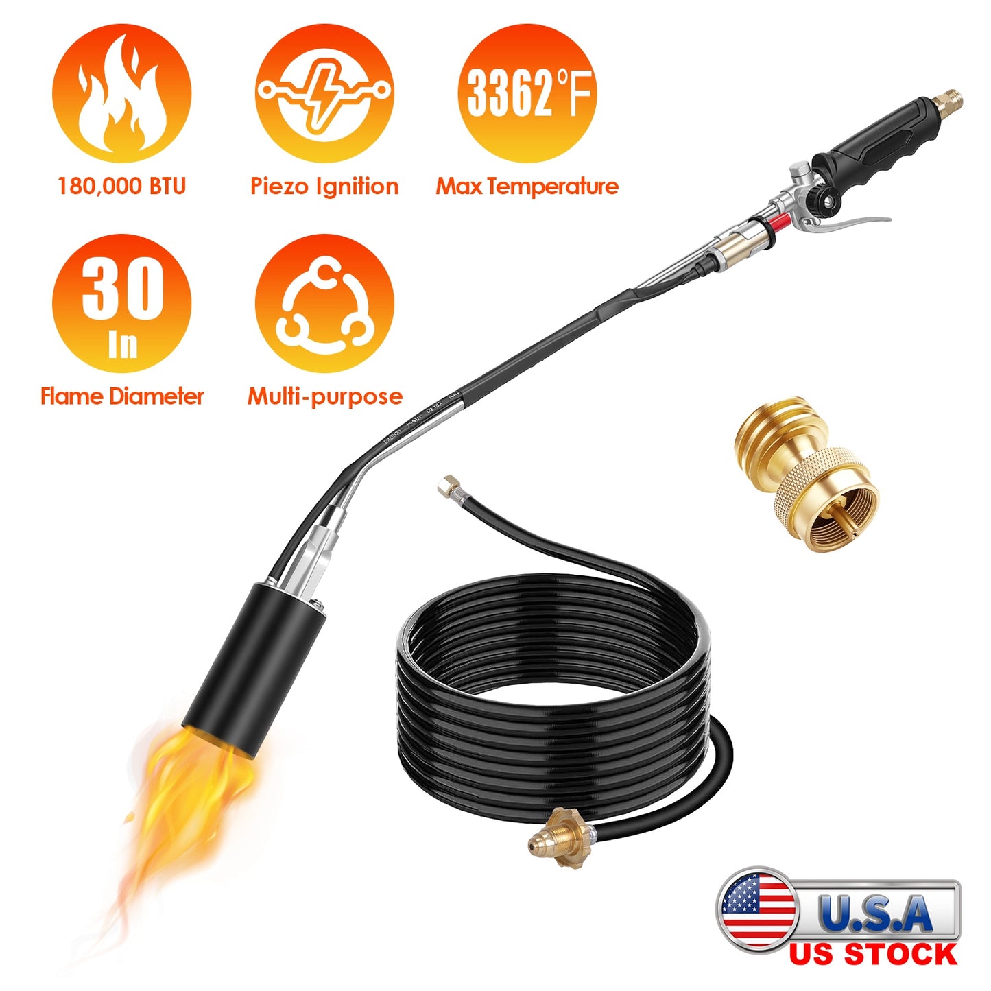 180,000 BTU Propane Weed Torch with 10FT Hose & Piezo Ignition