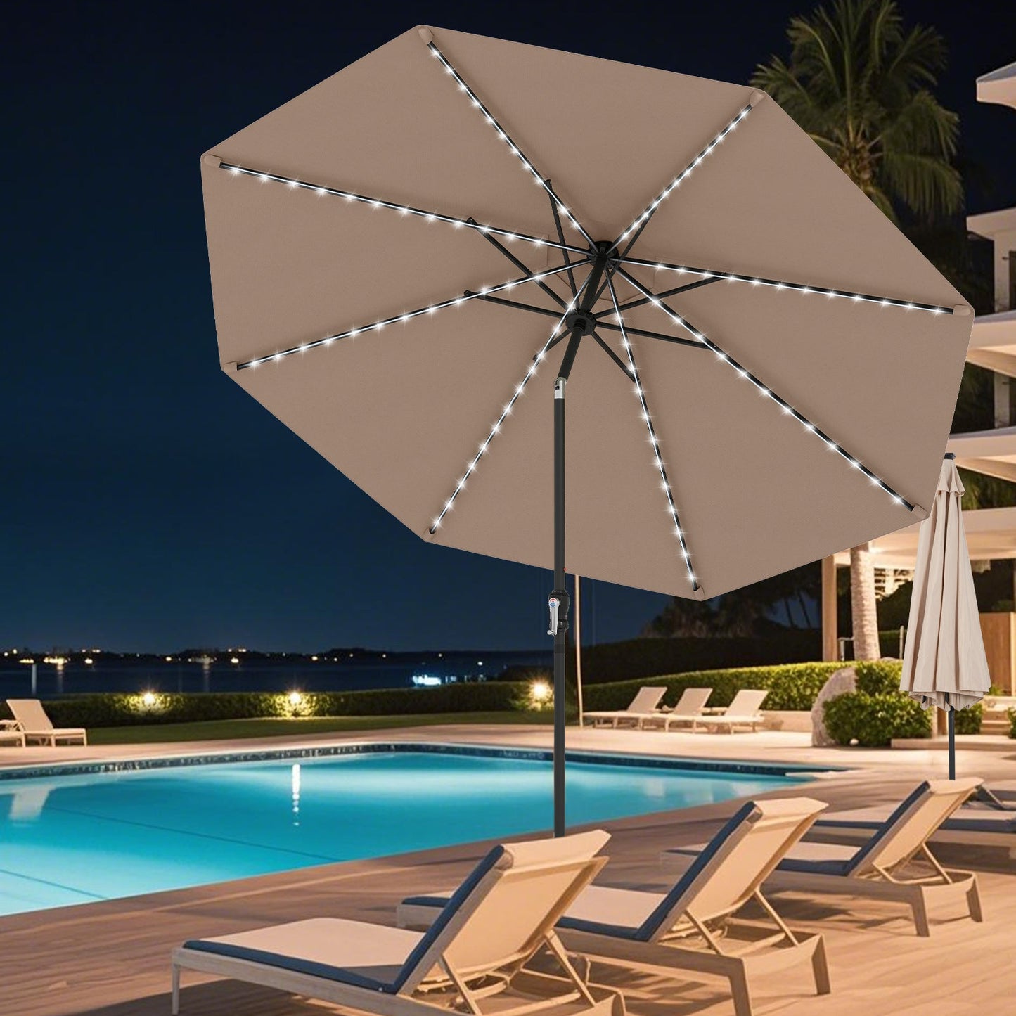 10 Feet Solar Patio Umbrella with 96 Multi-Colored Flowing LED Lights and Tilt Adjustment