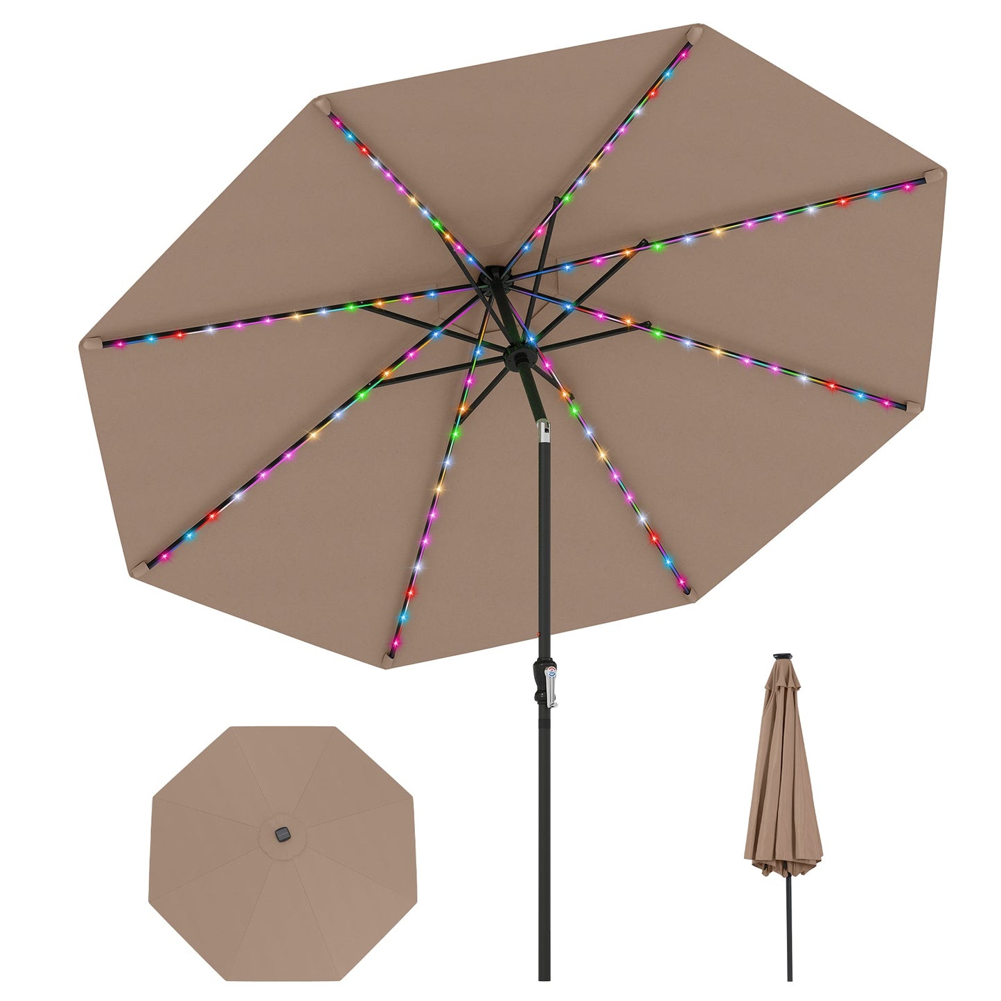 10 Feet Solar Patio Umbrella with 96 Multi-Colored Flowing LED Lights and Tilt Adjustment