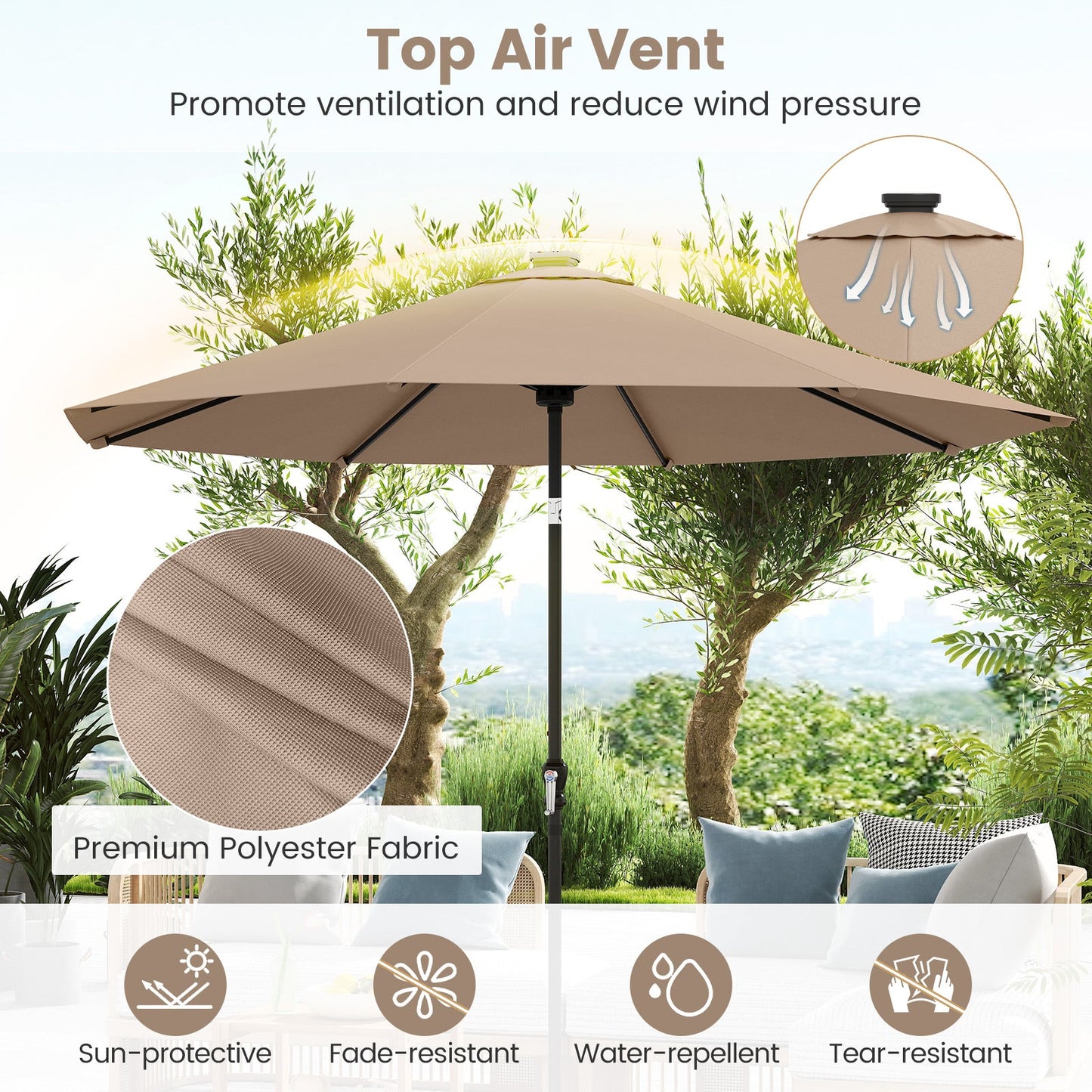 10 Feet Solar Patio Umbrella with 96 Multi-Colored Flowing LED Lights and Tilt Adjustment