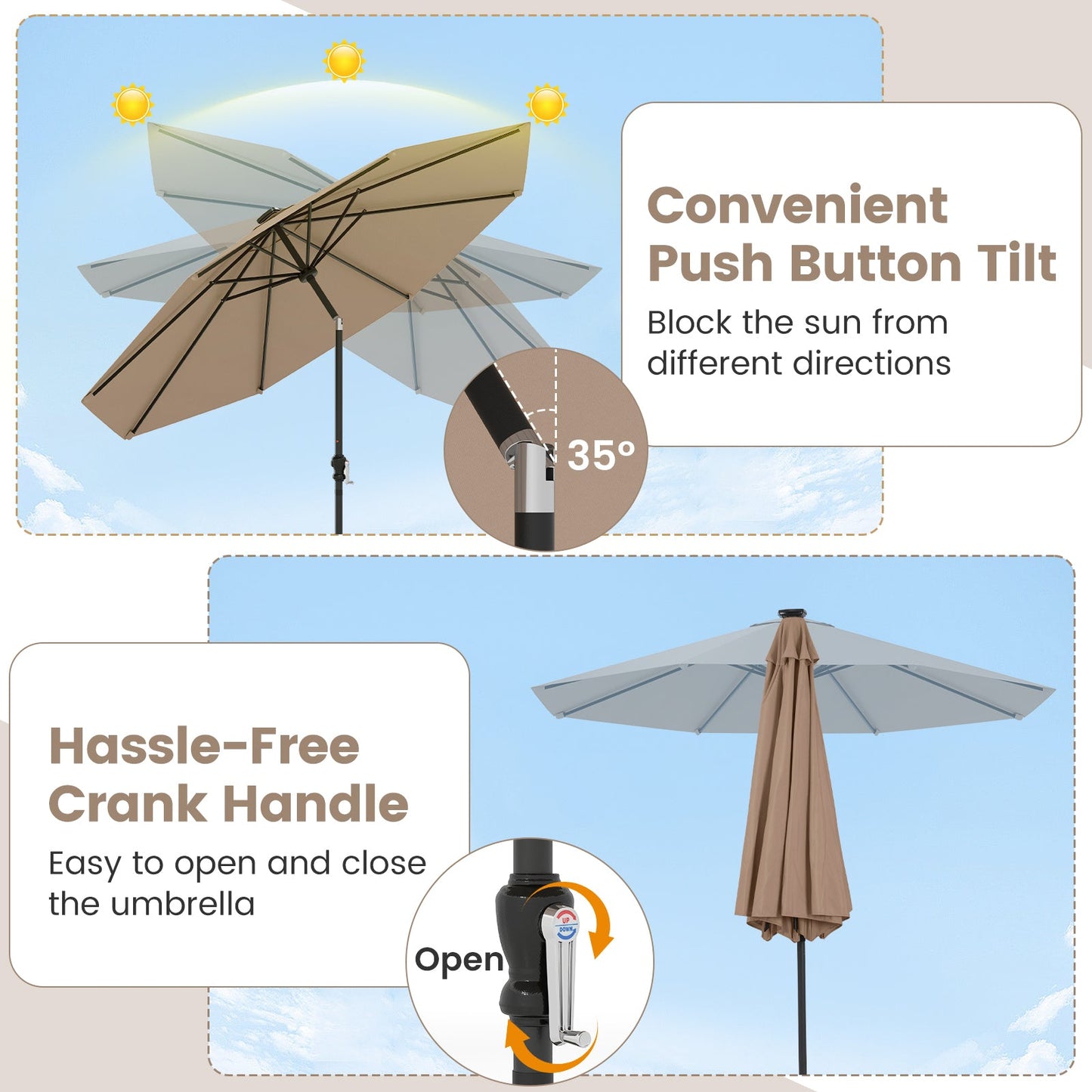 10 Feet Solar Patio Umbrella with 96 Multi-Colored Flowing LED Lights and Tilt Adjustment