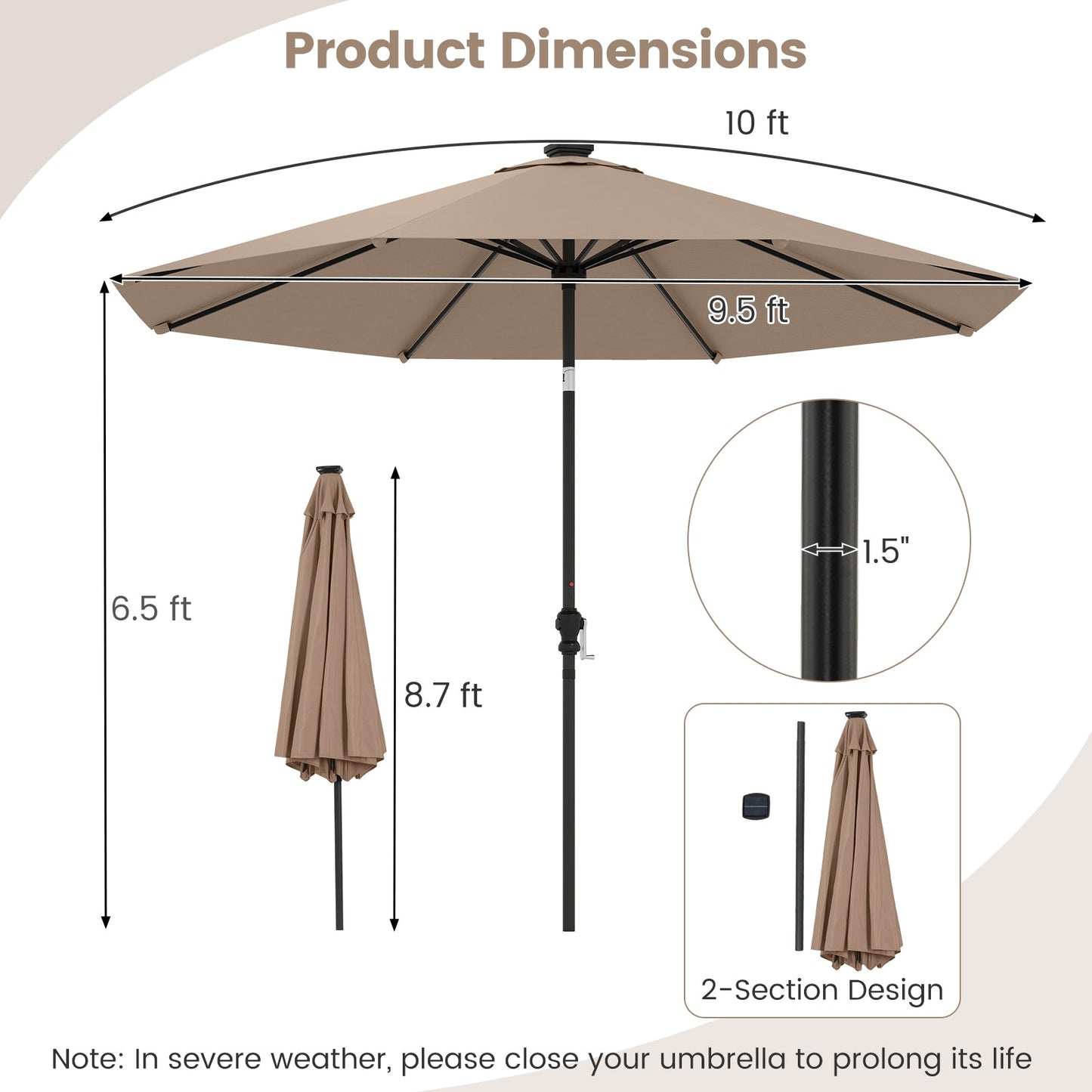 10 Feet Solar Patio Umbrella with 96 Multi-Colored Flowing LED Lights and Tilt Adjustment