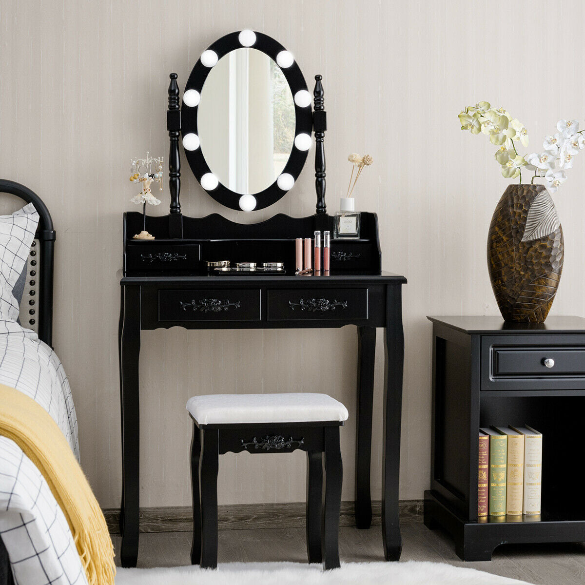 Makeup Vanity Table with Lighted Mirror and Cushioned Stool