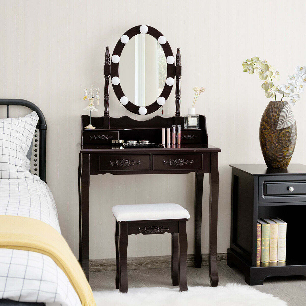 Makeup Vanity Table with Lighted Mirror and Cushioned Stool
