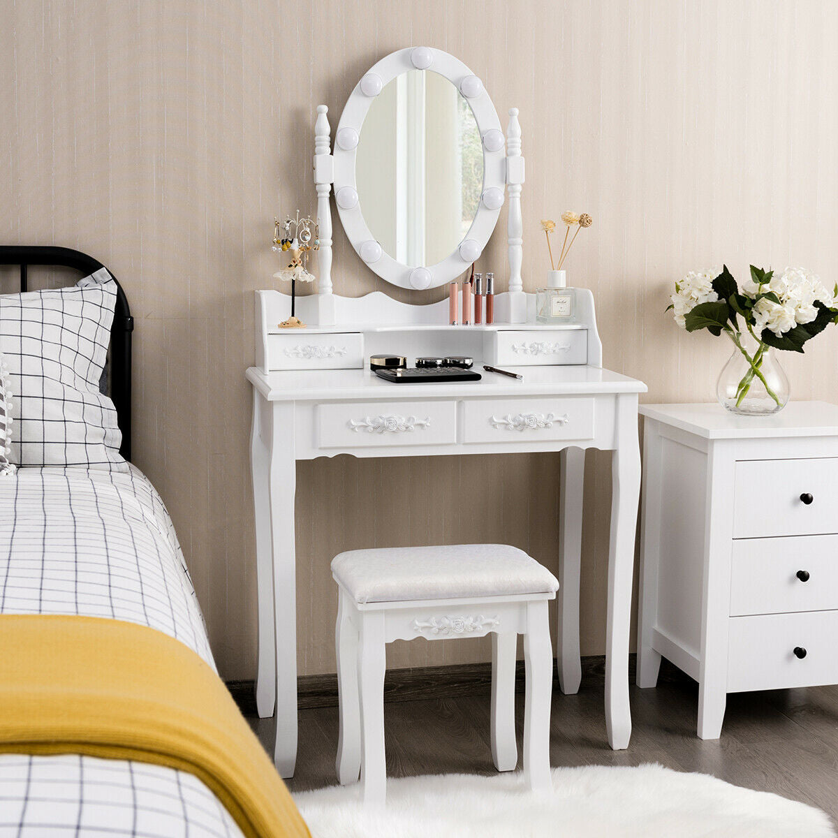 Makeup Vanity Table with Lighted Mirror and Cushioned Stool
