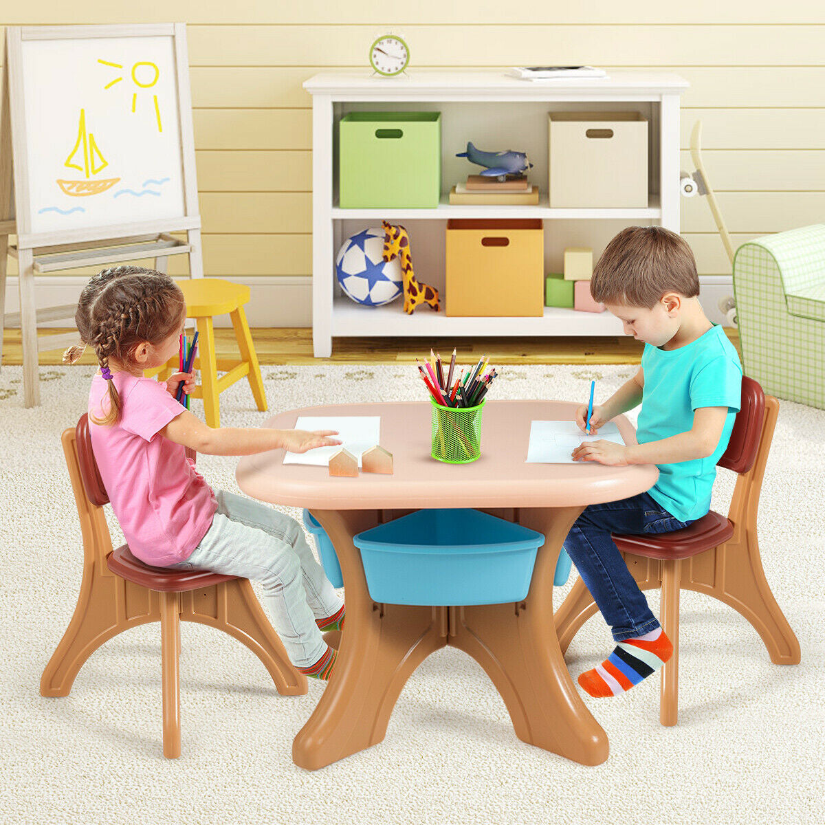 Kids Table and Chair Set with Storage Drawers - 3 Piece