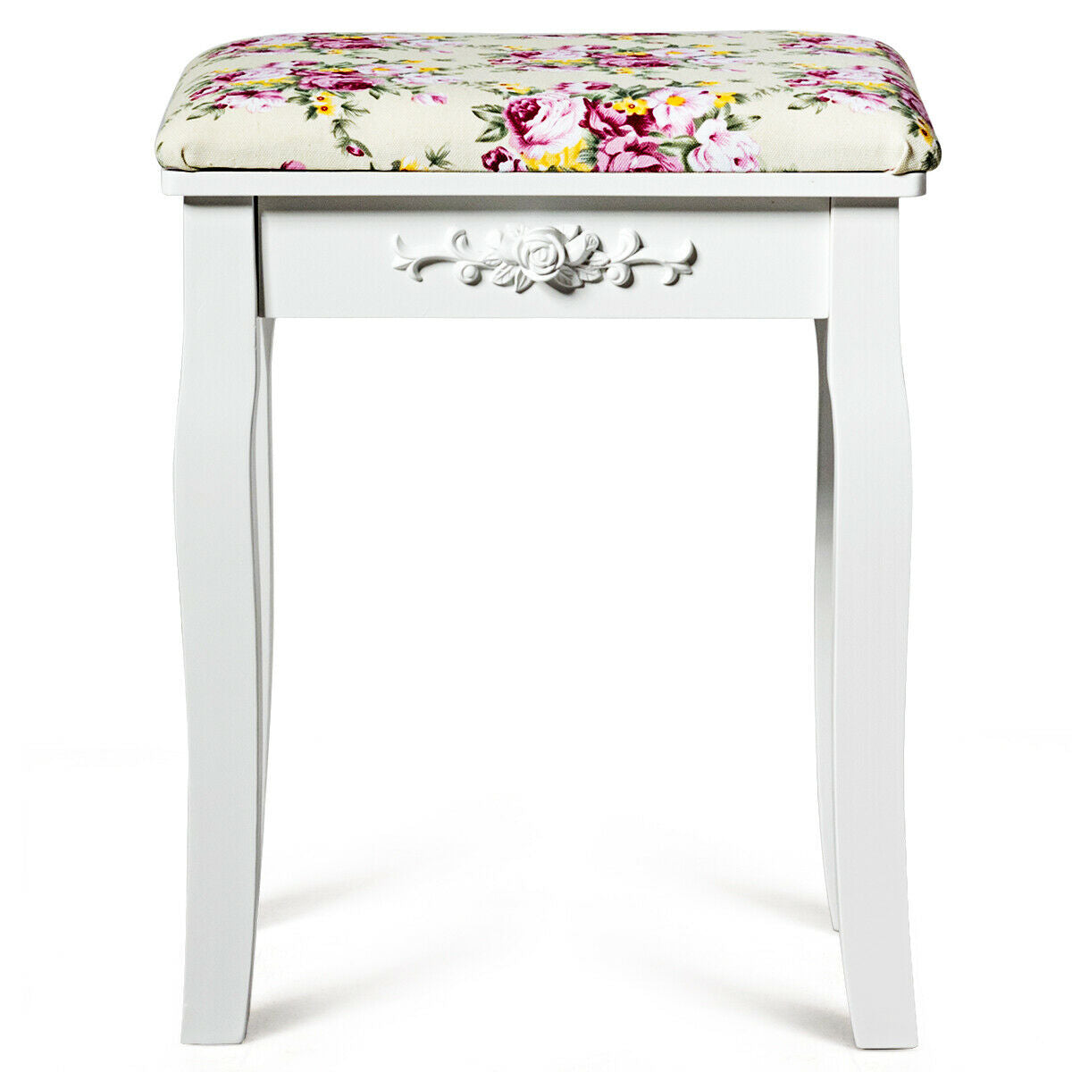 Padded Vanity Stool with Rose Cushion - White