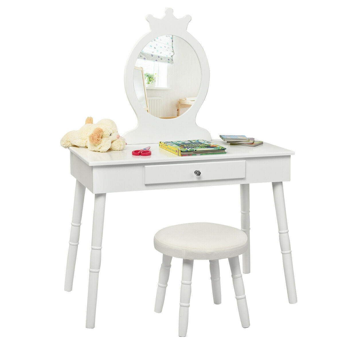 Kids Vanity Table and Chair Set with Mirror and Drawer