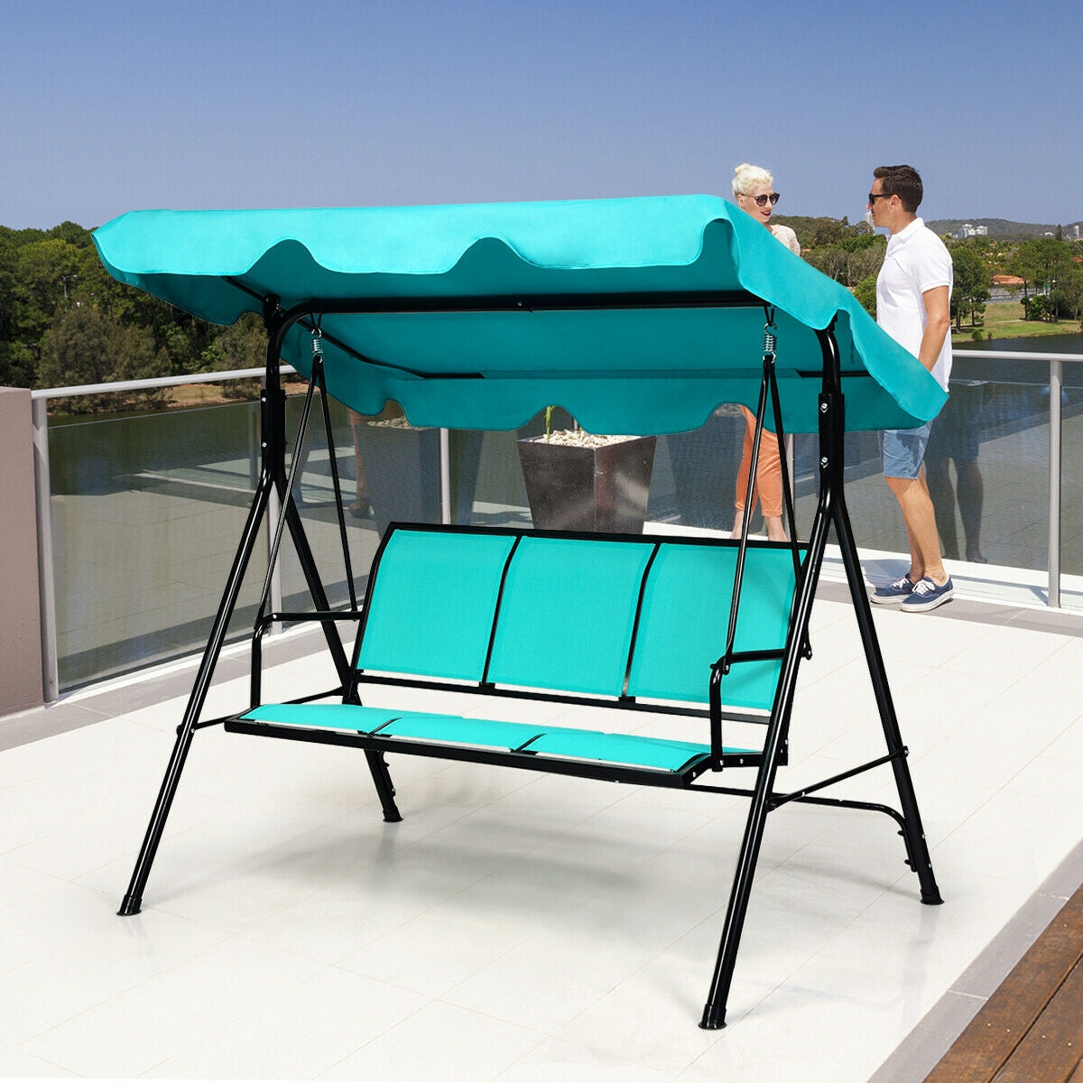 3 Person Porch Swing with Adjustable Canopy - Blue