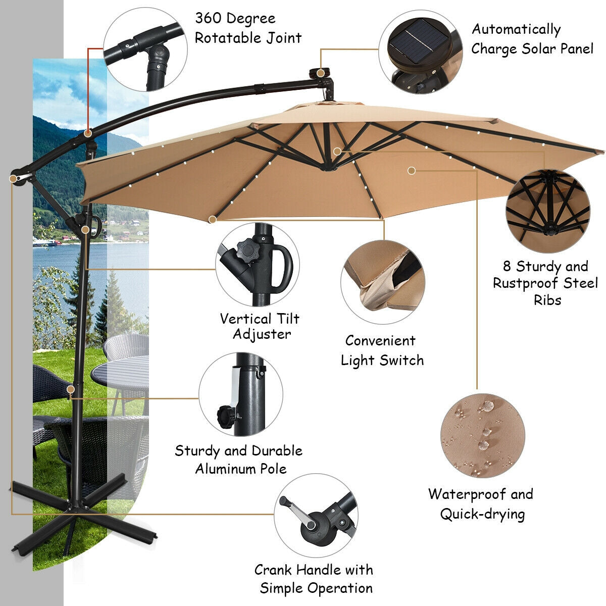 10 Feet 360° Rotation Solar Powered LED Patio Offset Umbrella without Weight Base-Gray