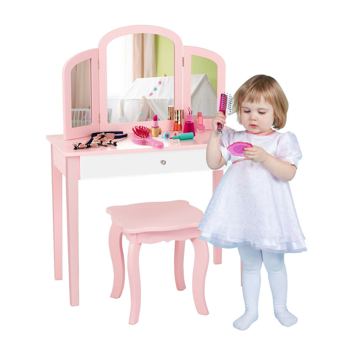 Kids Vanity Table with Tri-Fold Mirror and Chair Set