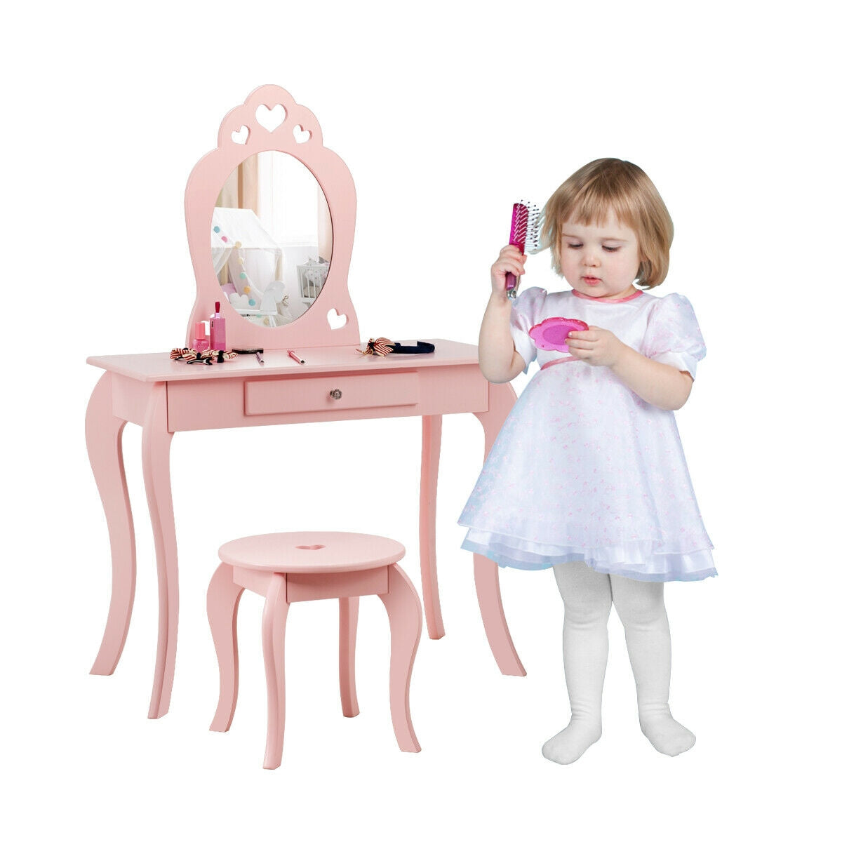 Kids Vanity Table Set with Mirror and Stool
