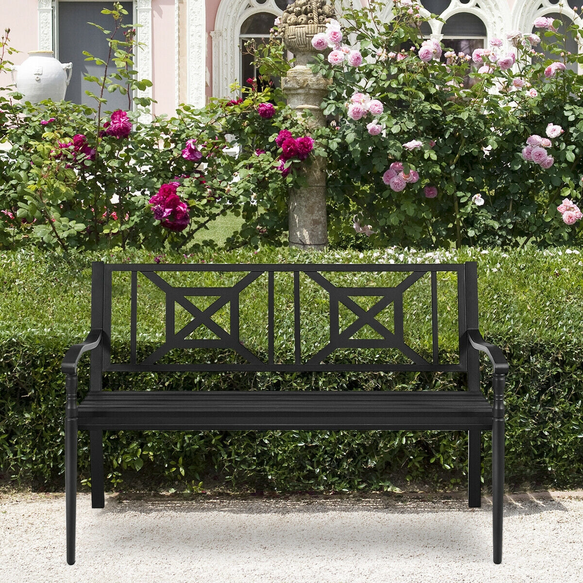 Steel Patio Garden Bench with Armrests - 500 lb Capacity