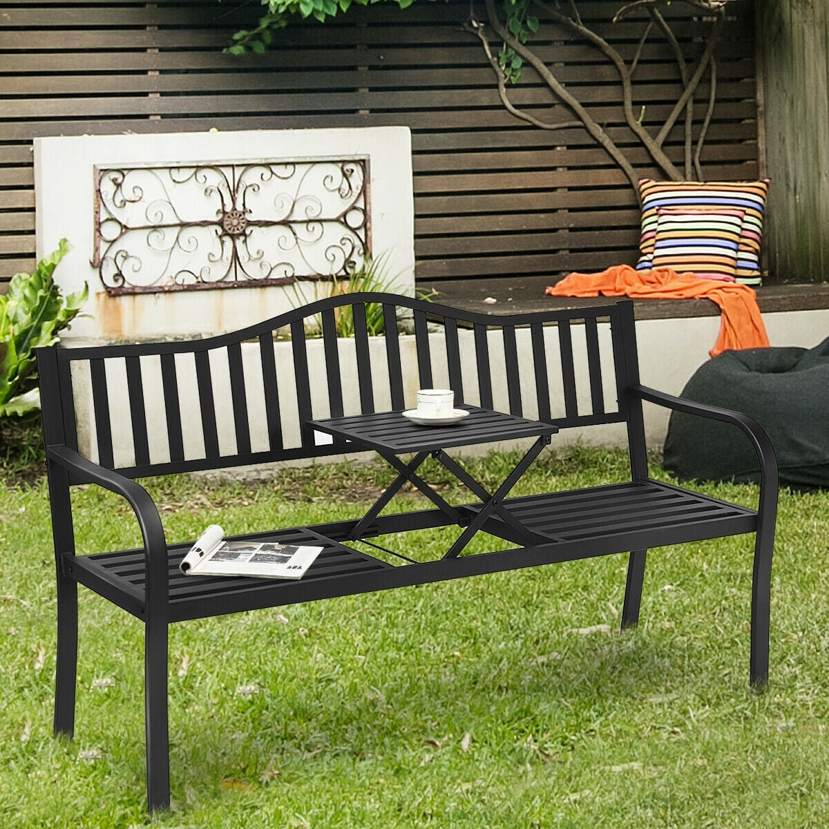 Outdoor Garden Bench with Adjustable Center Table - Steel Frame