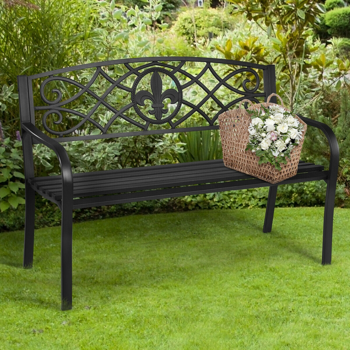 50-Inch Metal Garden Bench with Armrests - 500 lb Capacity