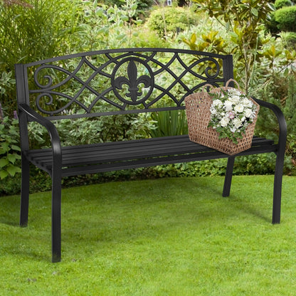 50-Inch Metal Garden Bench with Armrests - 500 lb Capacity