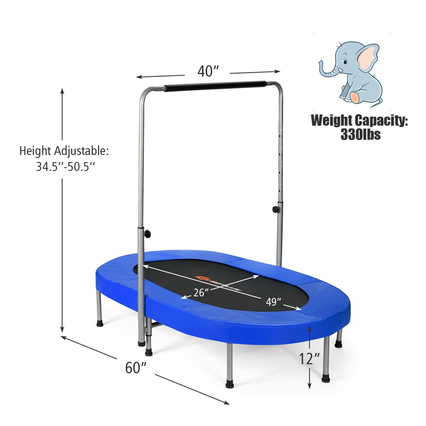 2-Person Foldable Fitness Trampoline with Adjustable Handle