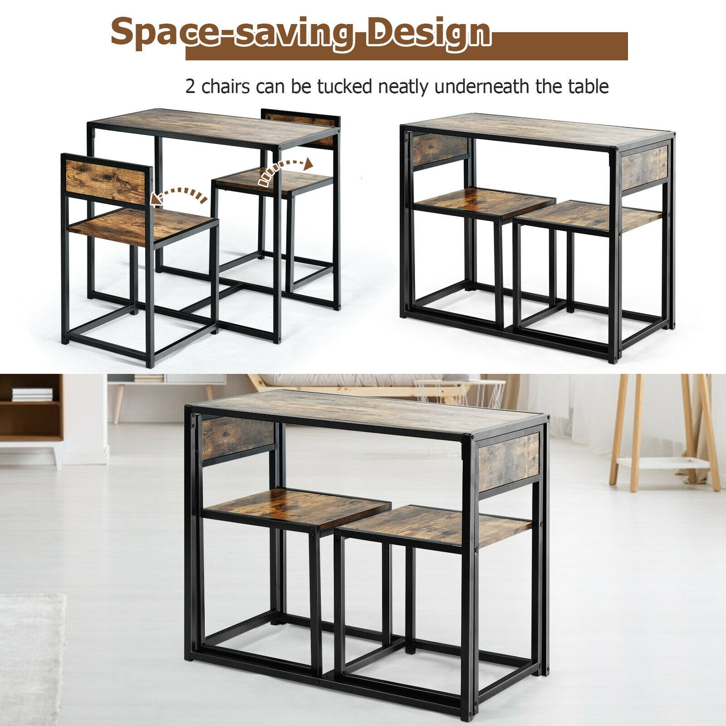 3-Piece Compact Dining Set with Metal Frame for Small Spaces