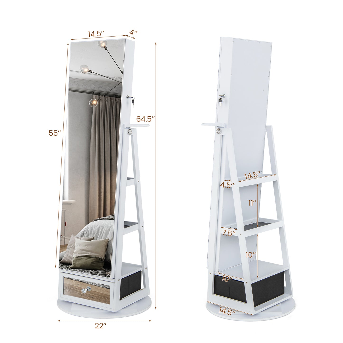360° Swivel Jewelry Armoire with Full-Length Mirror & LED Lights