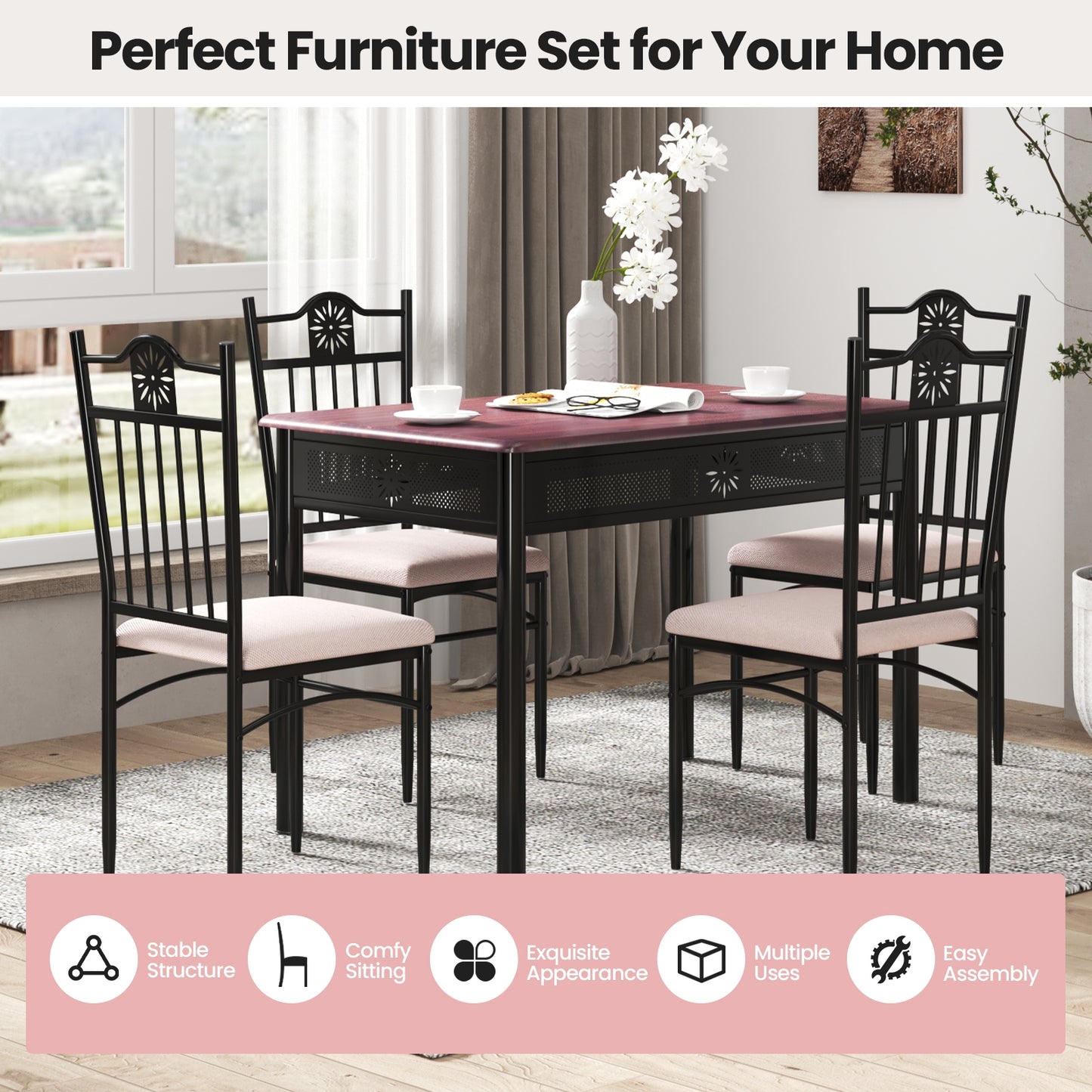 5-Piece Dining Set with Cushioned Chairs and Metal Frame
