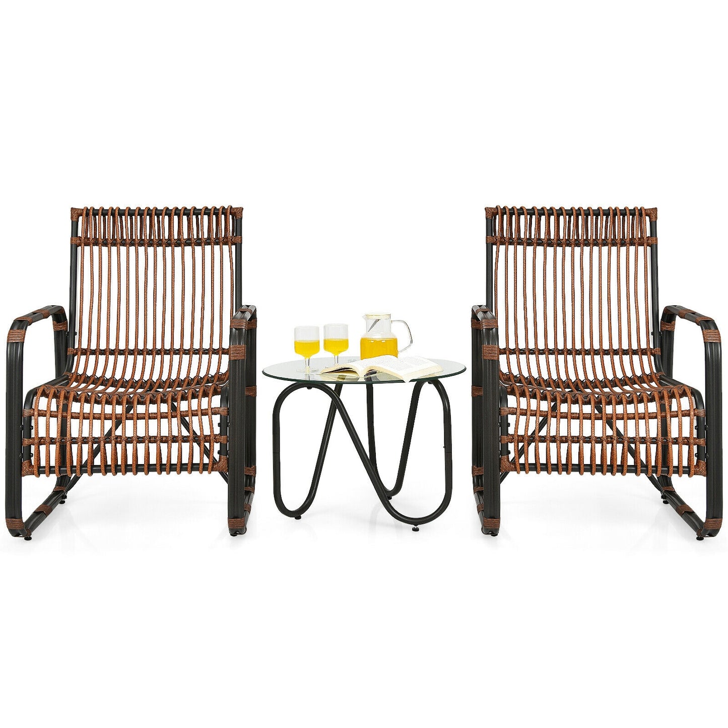 3-Piece Patio Conversation Set with Wicker Chairs & Glass Table