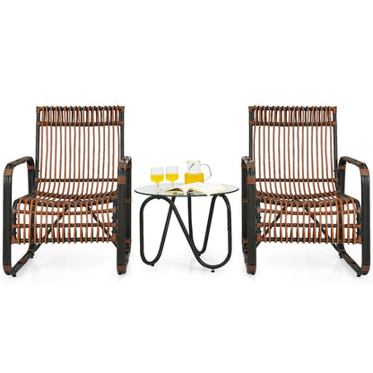 3-Piece Patio Conversation Set with Wicker Chairs & Glass Table