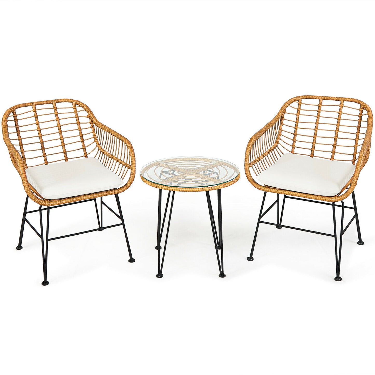 3-Piece Rattan Patio Conversation Set with Cushioned Chairs