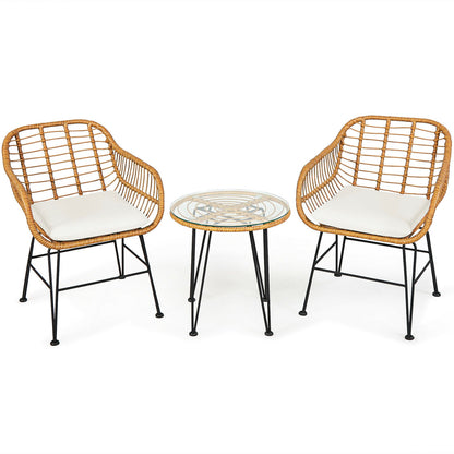 3-Piece Rattan Patio Conversation Set with Cushioned Chairs