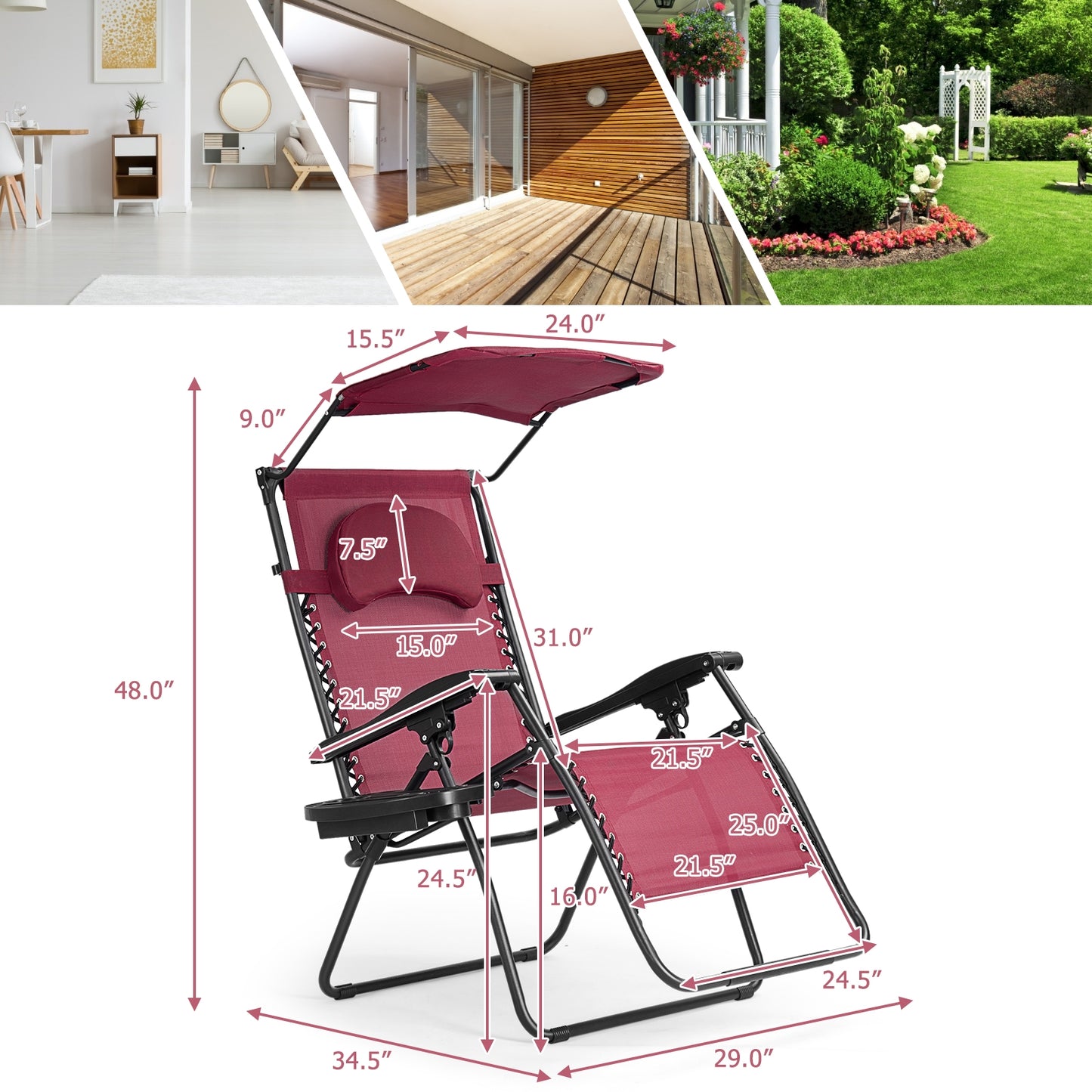 Folding Recliner Lounge Chair with Adjustable Canopy
