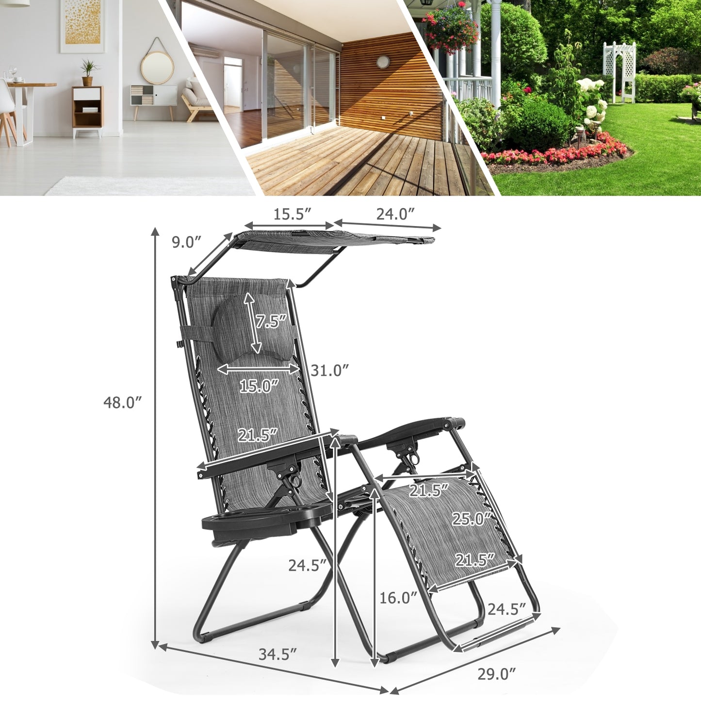 Folding Recliner Lounge Chair with Adjustable Canopy