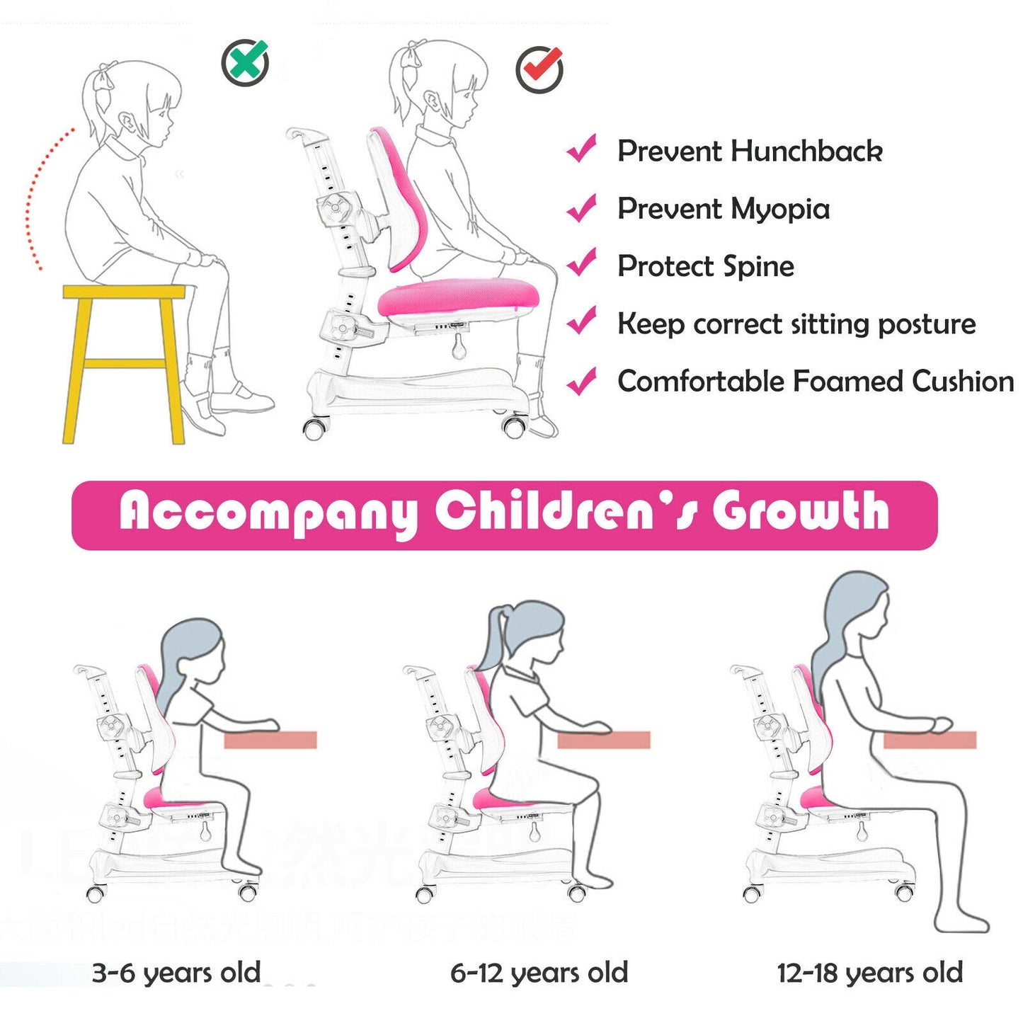 Adjustable Height Kids Study Chair with Lumbar Support
