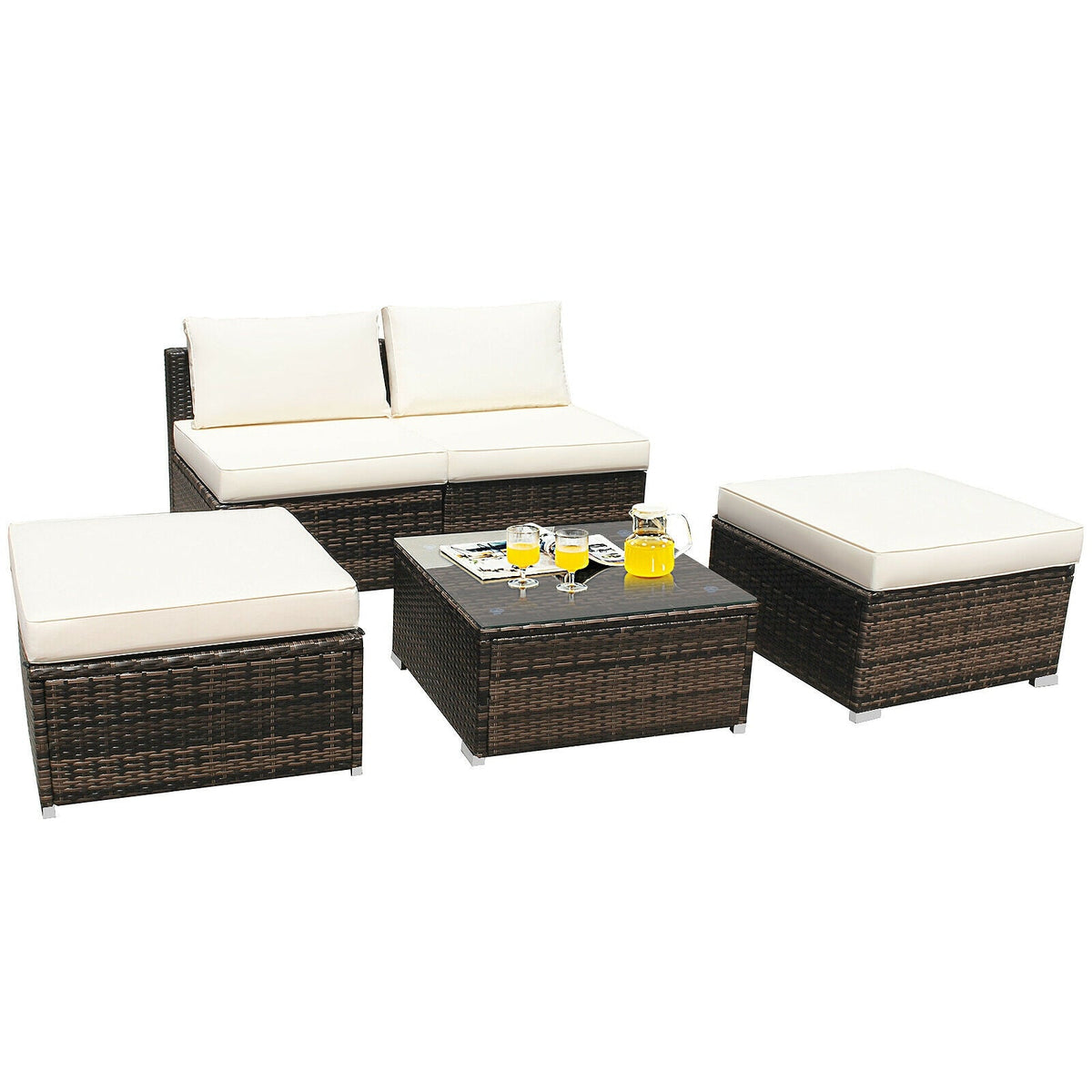 5 Pieces Patio Rattan Furniture Set with Cushioned Armless Sofa