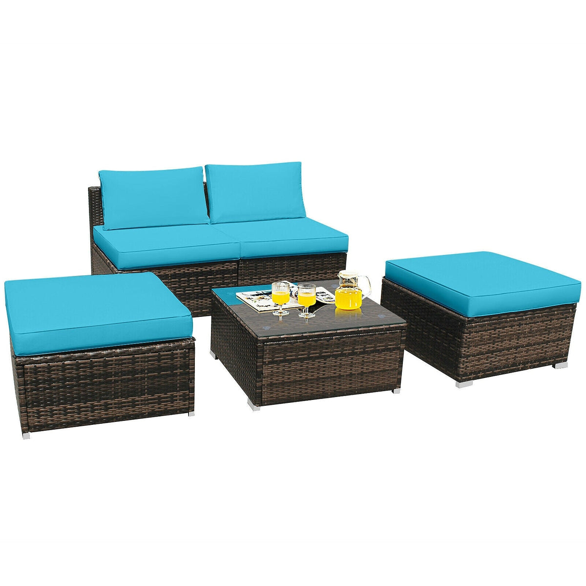 5 Pieces Patio Rattan Furniture Set with Cushioned Armless Sofa