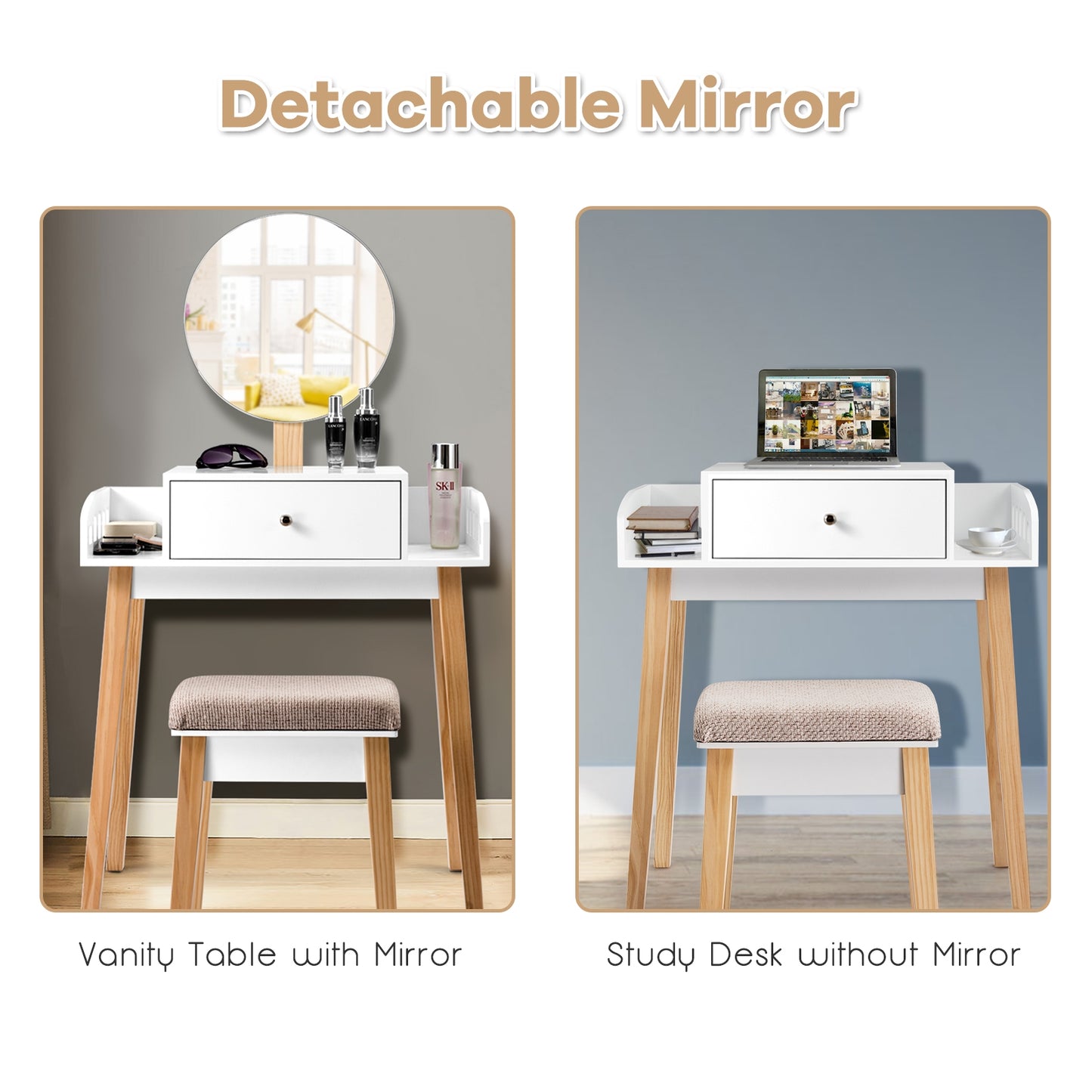 Makeup Vanity Table Set with Round Mirror and Cushioned Stool